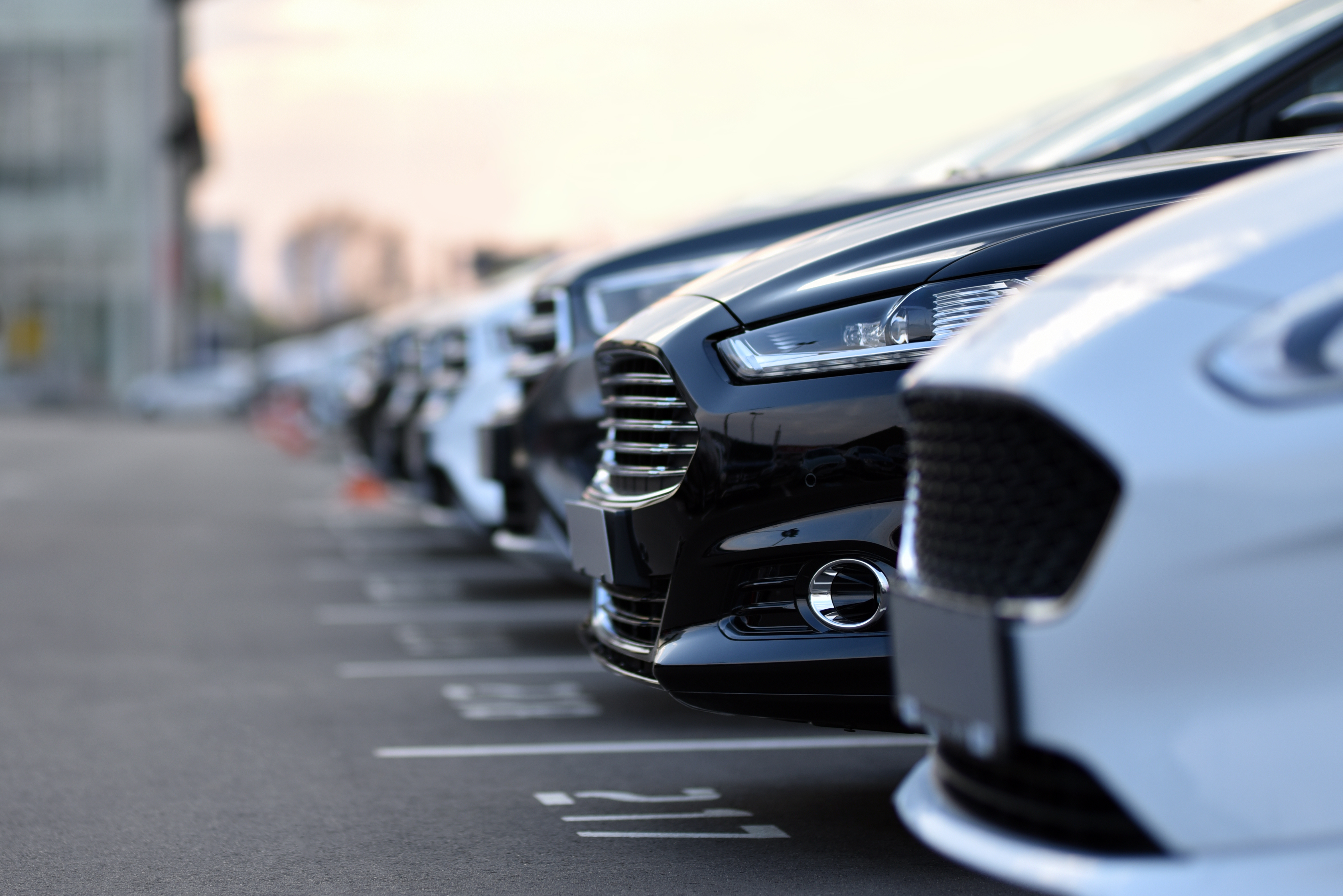 rijen zwarte en witte auto's op een parkeerplaats die wachten op verkoop.