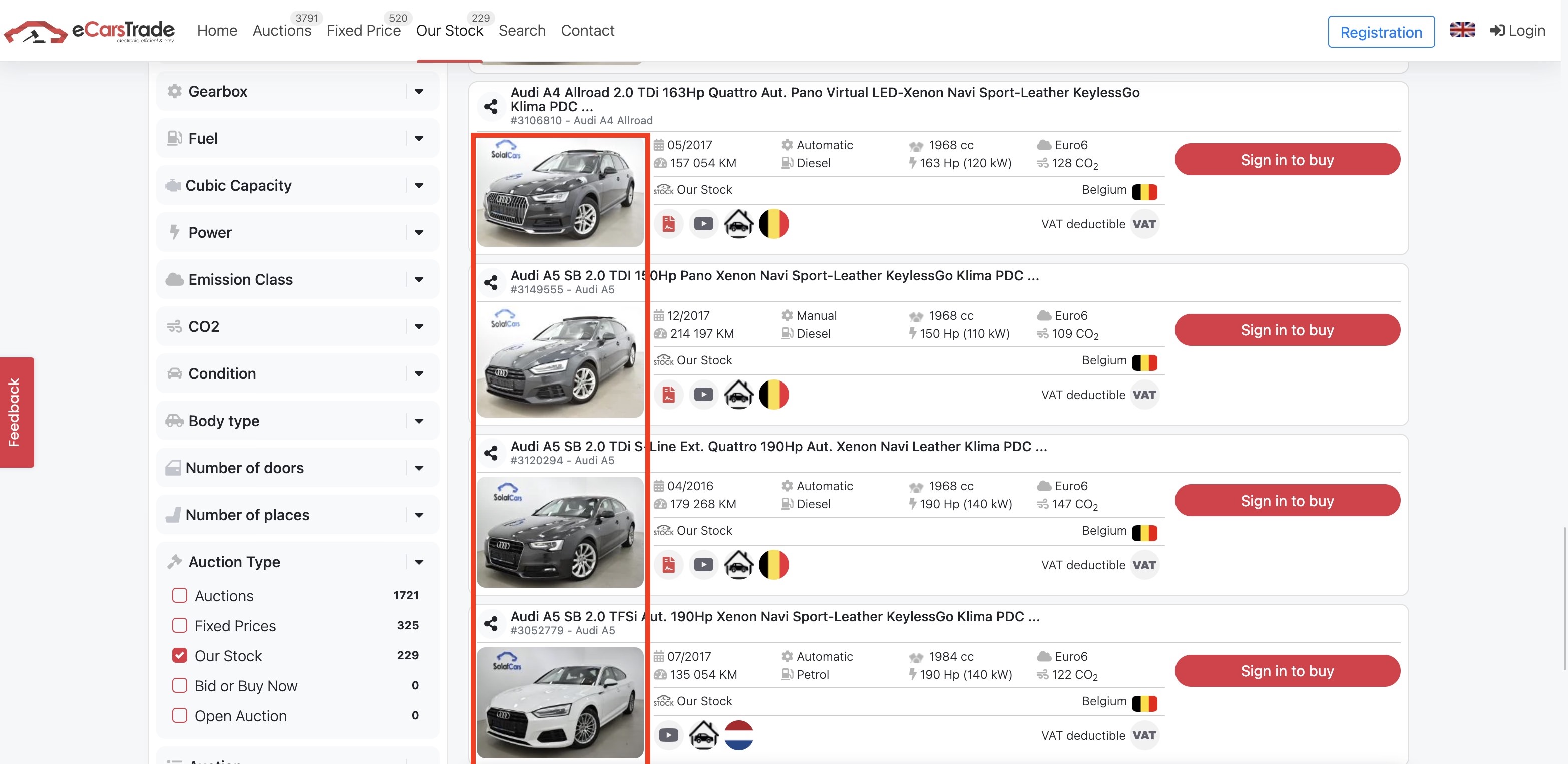 eCarsTrade screenshot van website met foto's van auto's